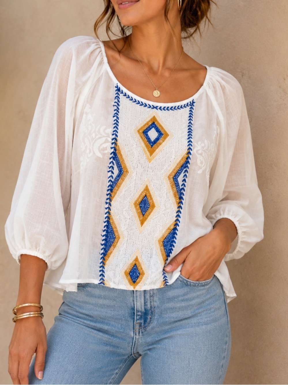 HIP Happening in the Present White Scoop Neck‎ Boho Embroider Peasant Top (S)